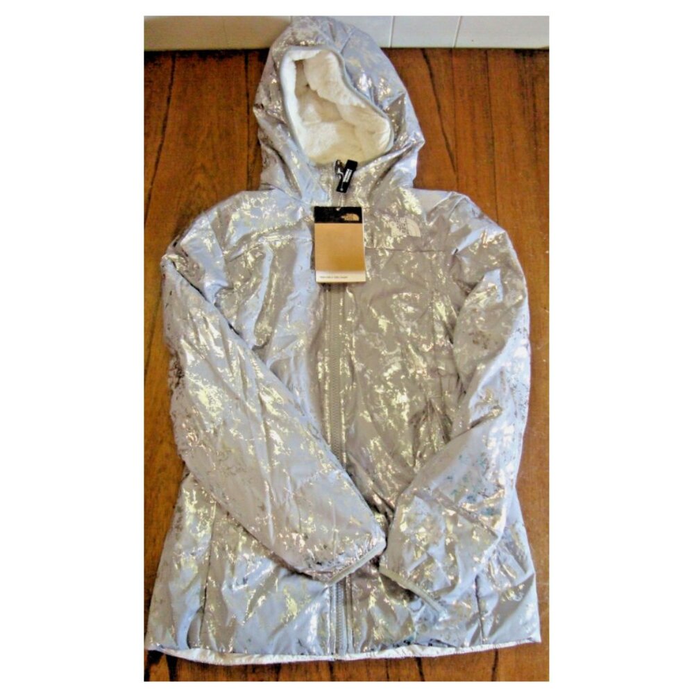 The North Face Reversible Parka Mossbud Girls Jacket Grey & Ivory LARGE